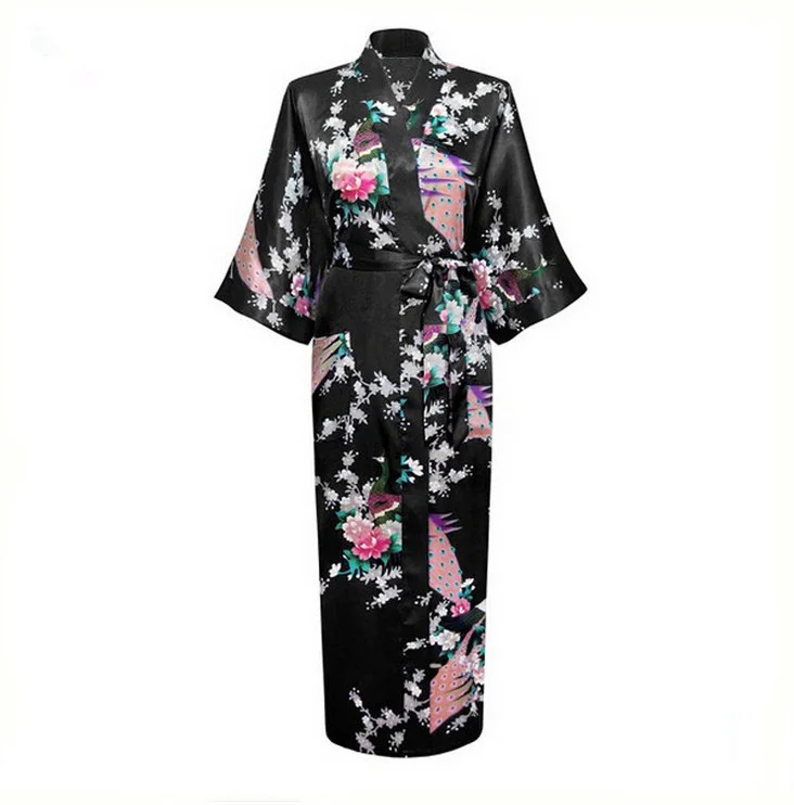Синий размера плюс XXXL китайский женский Атласный халат платье японской гейши юката кимоно халат сексуальная пижама цветок ночная рубашка A-029 - Цвет: Black