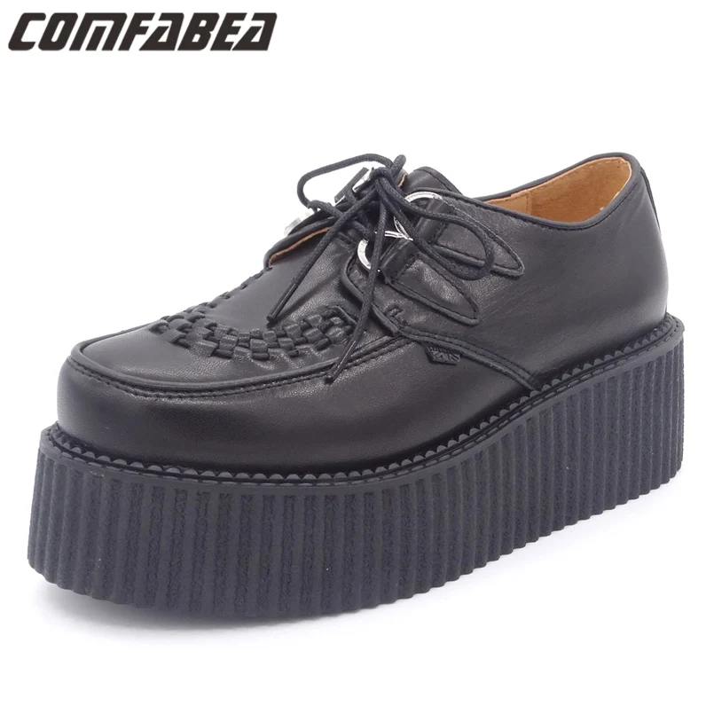 

Spring Spring 2019 Size 34~44 Real Leather Women HARAJUKU Style Genuine Leather punk Creepers High Platform Black Creeper Shoes