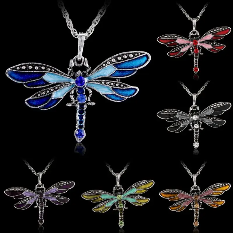 

Rinhoo Women Jewelery Vintage Crystal Pendant Necklace Cute animal dragonfly pendant Necklace
