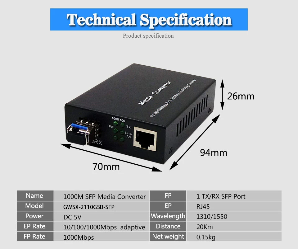 Медиаконвертер 1 порт sfp до 1 rj45 ГБ, Оптический ethernet для ip-камеры 10/100/1000 м волоконно-оптический