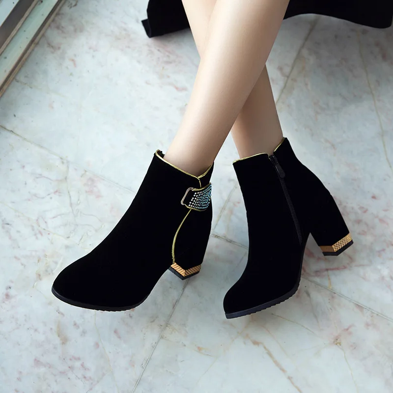 

Chinese party style comfortable round toe nubuck ankle boots fashion diamond zipper black red high heel thick women riding boots