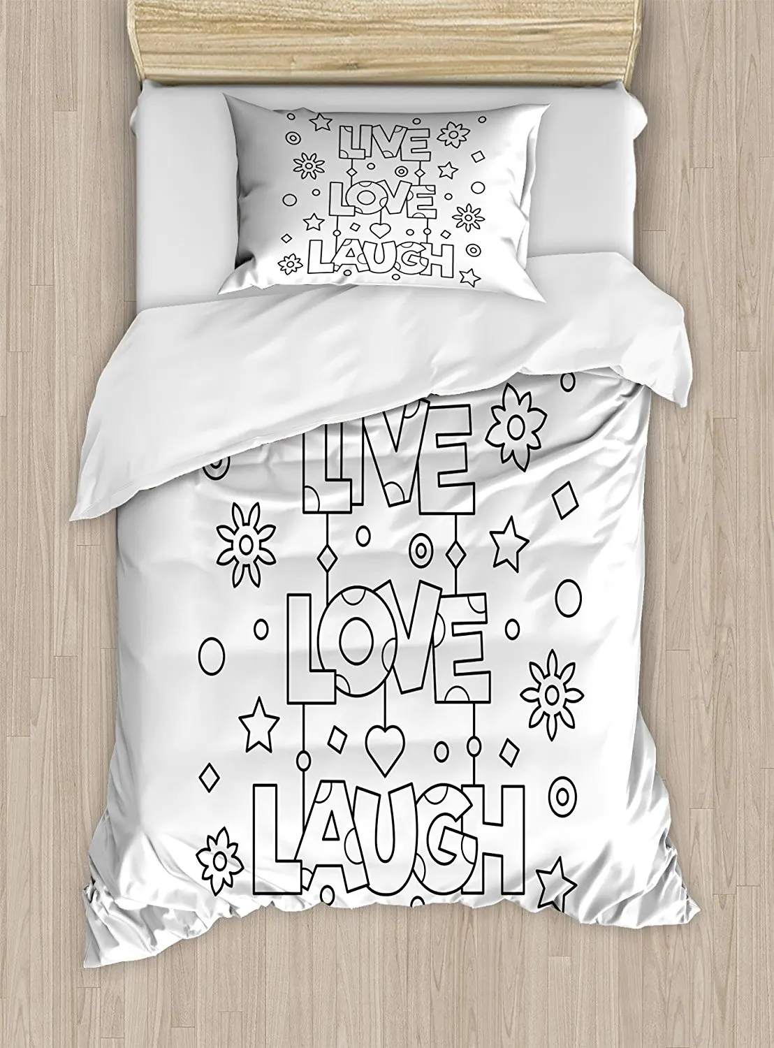 

Live Laugh Love Duvet Cover Set Doodle Style Quote with Flowers Hearts and Stars Coloring Book Design Decor 4pcs Bedding Set