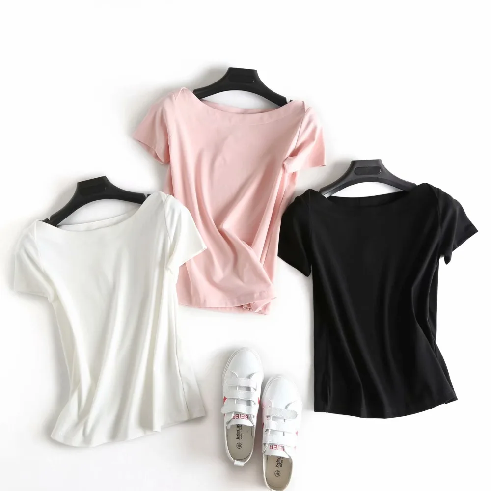 

Korean Fashion Clothing Solid T-shirt Spring 2018 New Summer Ladies Tops Slim Office Lady Solid Slash Neck Tops