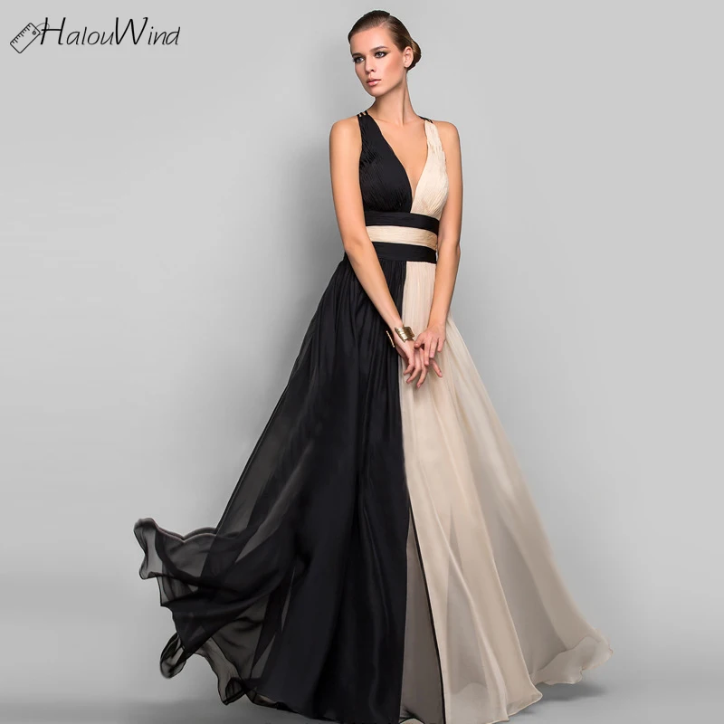 Vestido largo de retales para mujer, negro y Beige, Sexy, fiesta de boda, noche, escote en V profundo, Espalda descubierta, elegante _ AliExpress Mobile