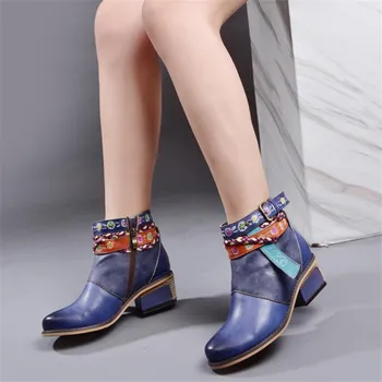 

New single boots autumn and winter Genuine leather retro women's boots fashion lace buckle booties ethnic style Martin boots