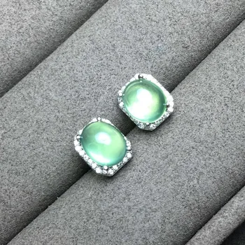 

natural prehnite stone stud earrings S925 silver natural gemstone earrings cushion for girl women's Office Earrings jewelry