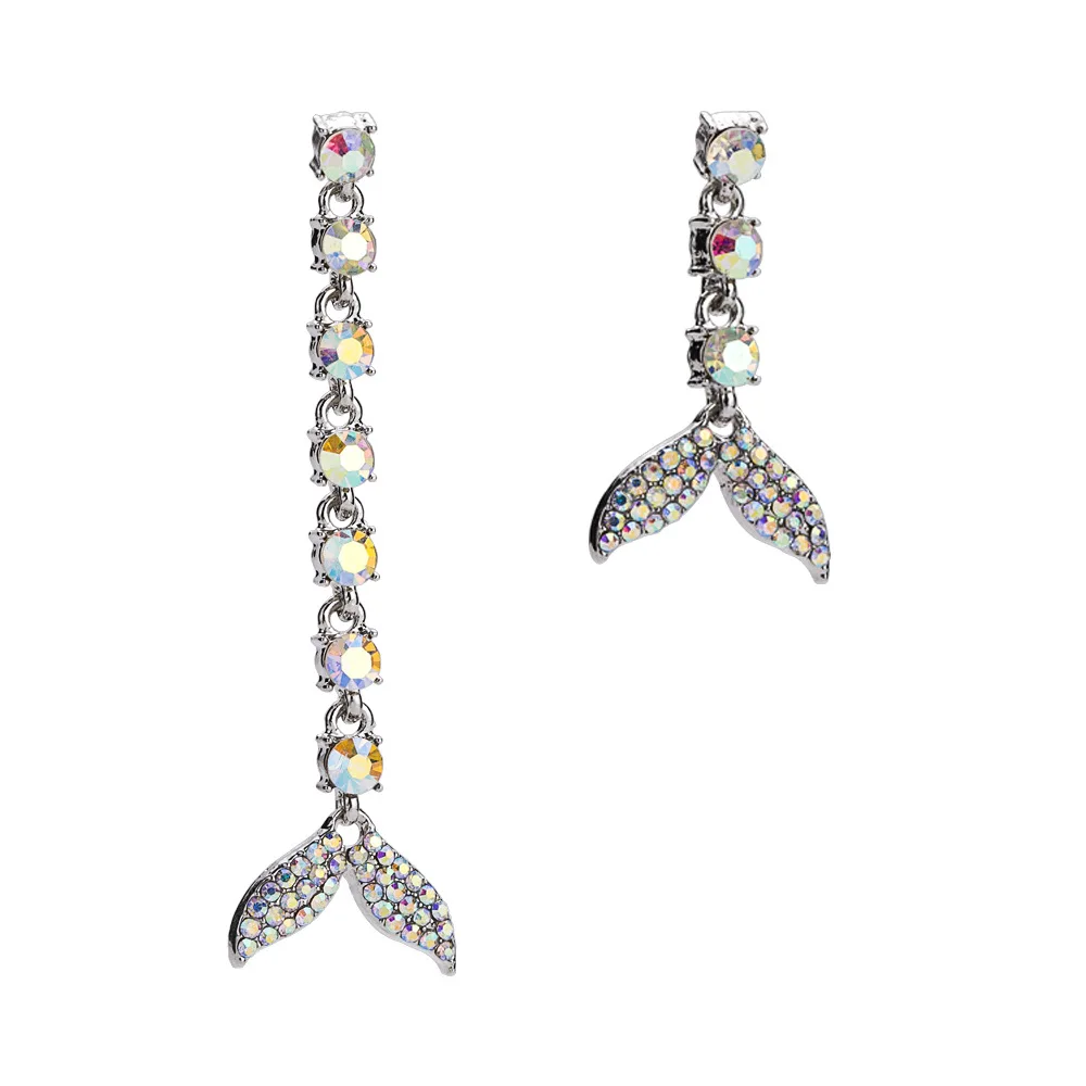 

2018 Rhinestone Mermaid Tail Earrings for Women Dolphin Tail Asymmetric Long Earrings Fashion Party Jewelry Gifts