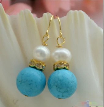

FREE shipping> >>>>P4652 12mm blue turquoise 8mm white round PEARL DANGLE EARRING