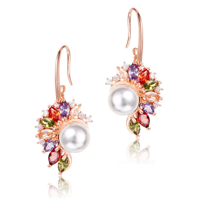 

Colorful rose gold zircon earrings green copper-plated pearl earrings