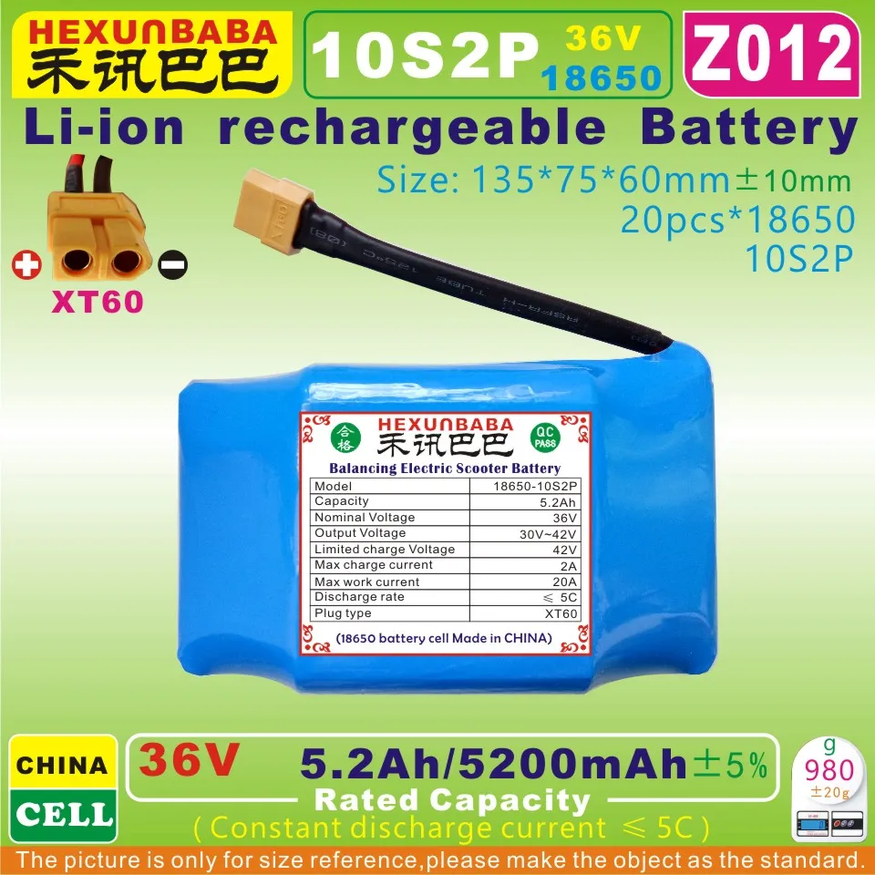 

[Z012] 42V,36V / 5200mAh,5.2Ah XT60;Li-ion battery (18650*10S2P) for smart self balancing electric unicycle Scooter (china cell)