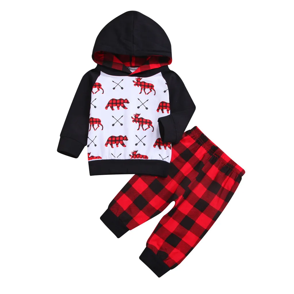 Toddler Baby Boys Girls Cartoon Hooded Pullover Tops Plaid Pants Outfits Set Baby Girls Boys Hooded Sweatsuit Plaid Tracksuit