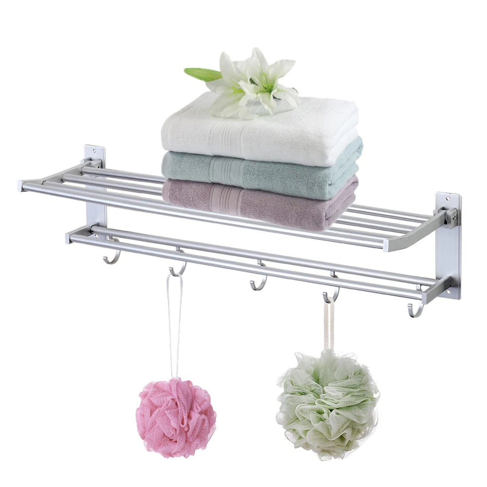 2 Layer Alumimum Foldable Bathroom Towel Rack Holder Wall Mounted