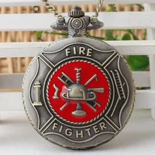 Red Fire Fighter Pocket Watch Vintage Bronze Steampunk Firefighter Quartz Watches Men Women Pendant Gift Necklace TPB189