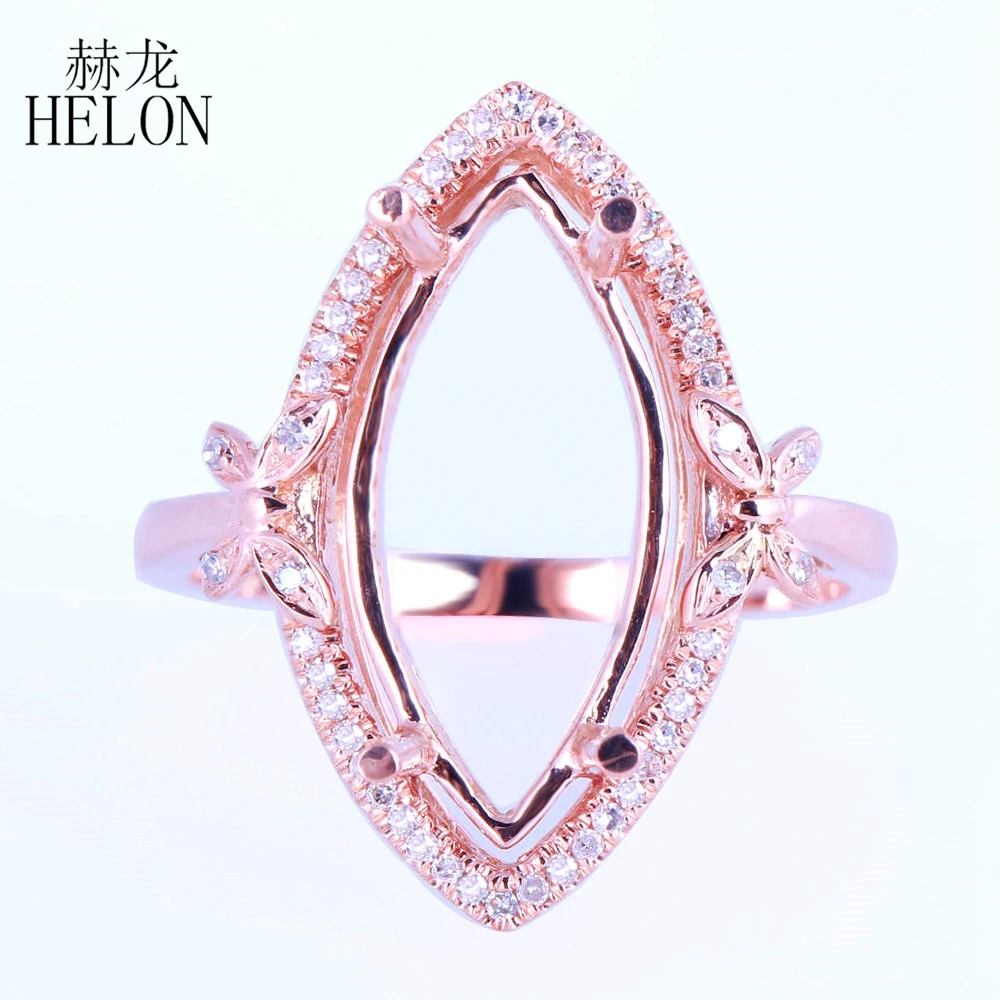 

HELON Solid 10K Rose Gold 17X8mm Marquise Cut Semi Mount Pave Natural Diamonds Engagement Wedding Fine Jewelry Ring Setting