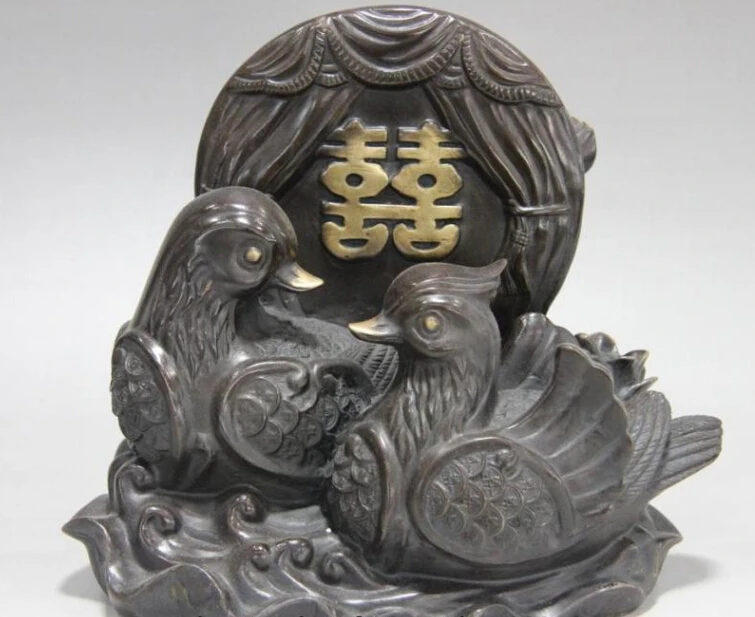 

free China Pure Copper Bronze Lucky Mandarin duck Double Birds Play Water Art Statue fast