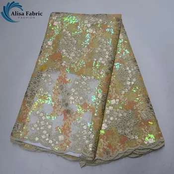 

Yellow french embroidery organza lace fabric high quality nigerian sequins lace fabric 5 yards/pcs african laces for party dress