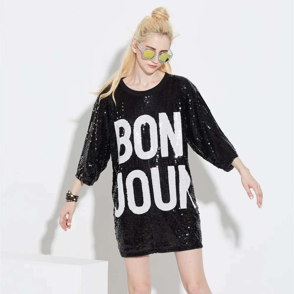 Женское платье с круглым вырезом и рукавом 3/4, свободный логотип, Блестящая футболка, летняя уличная одежда в стиле хип-хоп, сетчатая Повседневная Длинная Футболка больших размеров Bon Jour - Цвет: black