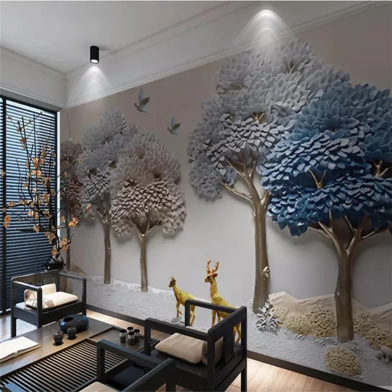 

Custom wallpaper 3D three-dimensional embossed fortune tree elk background wall large mural