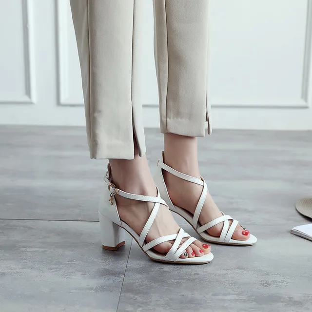 YMECHIC White Apricot Black Summer High Heel Sandal Shoes Woman Cover Heel Cross Tied Ankle Buckle Gladiator Sandals Women 2018