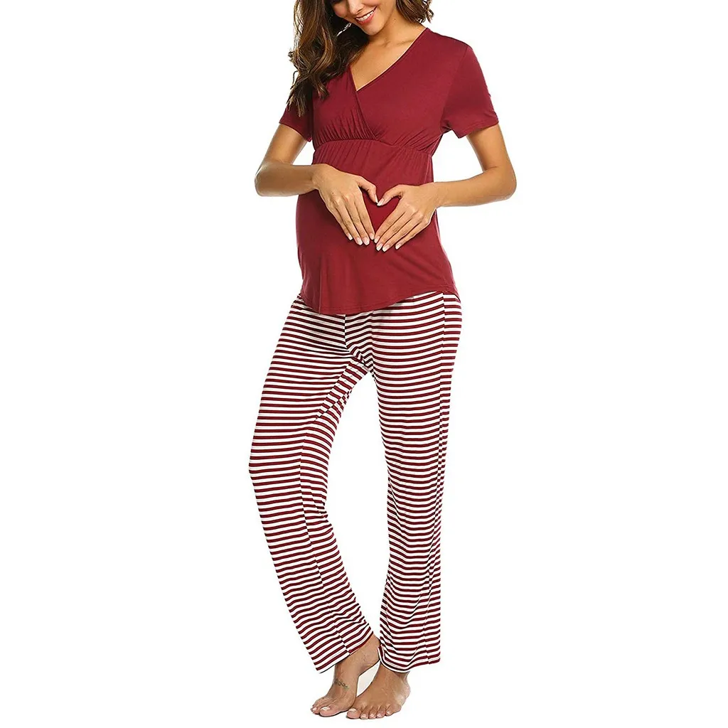 

2019 Women Maternity V-neck Nursing Baby T-shirt Tops+Stripe Pants Pajamas Set