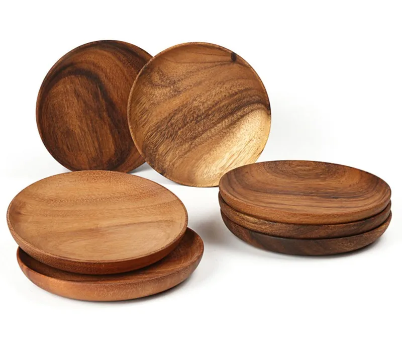 Round Wooden Plates High Quality Acacia Wood Serving Tray Cake Dishes Tableware Plate for Dessert Salad 2 Sizes Wood Utensils (9)