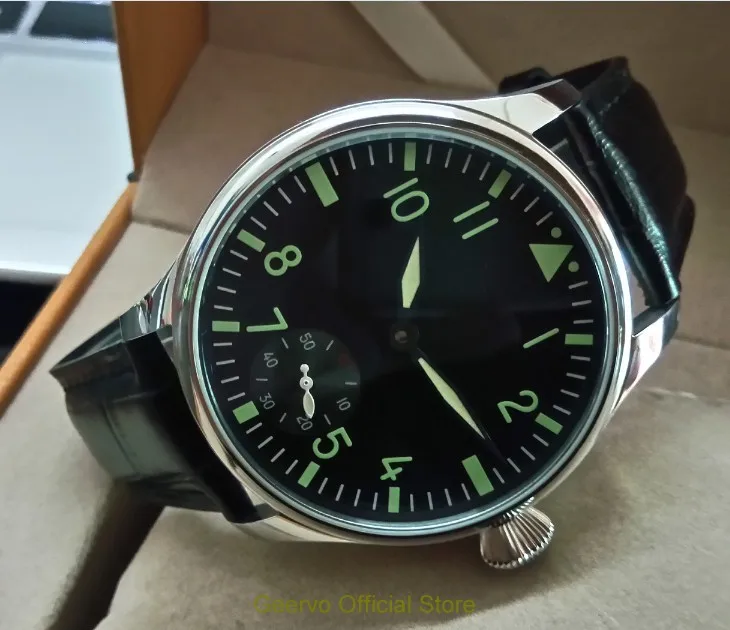 

44mm GEERVO black dial Asian 6498 17 jewels Mechanical Hand Wind movement men's watch green luminous Mechanical watches 0144A
