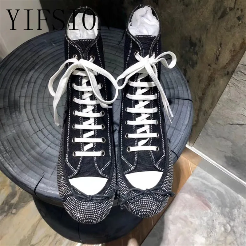 

OLOME New Fashion Women Ankle Boots Round Toe Cross Tied Blingbling Crystal Women Spring Autumn Flat Boots Casual Shoes Woman