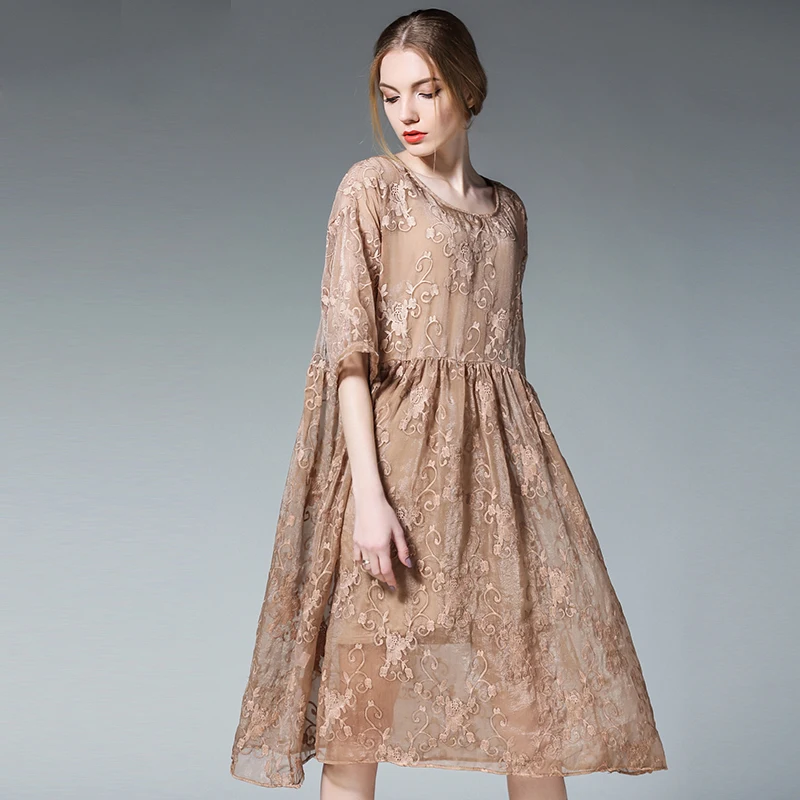 

2019 spring summer two pieces women embroidery silk loose dresses plus size elegant women's pleated casual dress big size