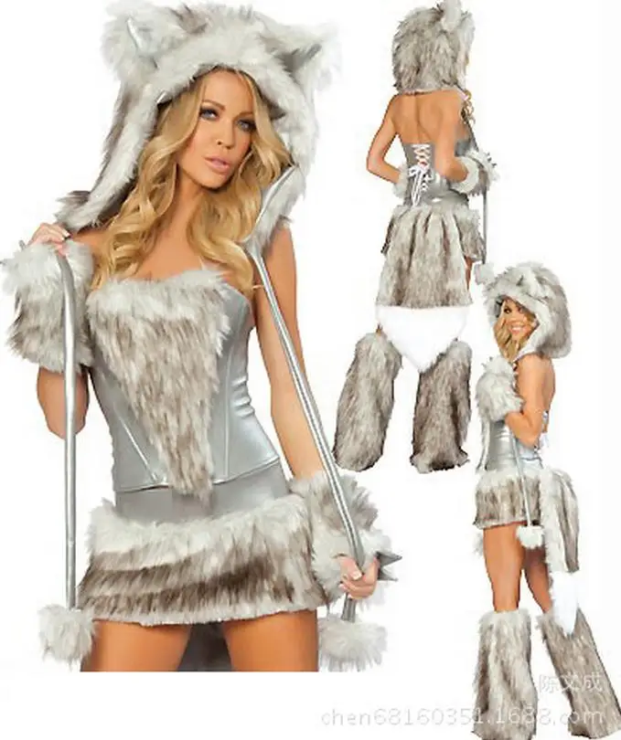 5 шт., сексуальный Рождественский эротический костюм кошки-женщины, для женщин, мех, искушение, новые сексуальные костюмы на Хэллоуин, кружевная спина, коричневый, серый, WL78 - Цвет: gray