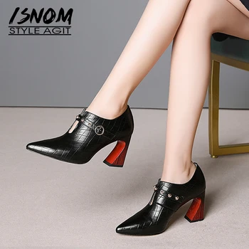 

ISNOM Genuine Leather Women Pumps Pointed Toe Footwear Emboss High Heels Lady Shoes Fashion Stud Shoes Woman Spring 2019 New