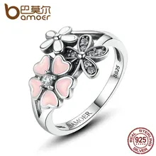 BAMOER 925 Poética de la Margarita De Plata Rosa Flor Anillo de Dedo para Las Mujeres de Compromiso Joyería de Moda flor de Cerezo SCR004