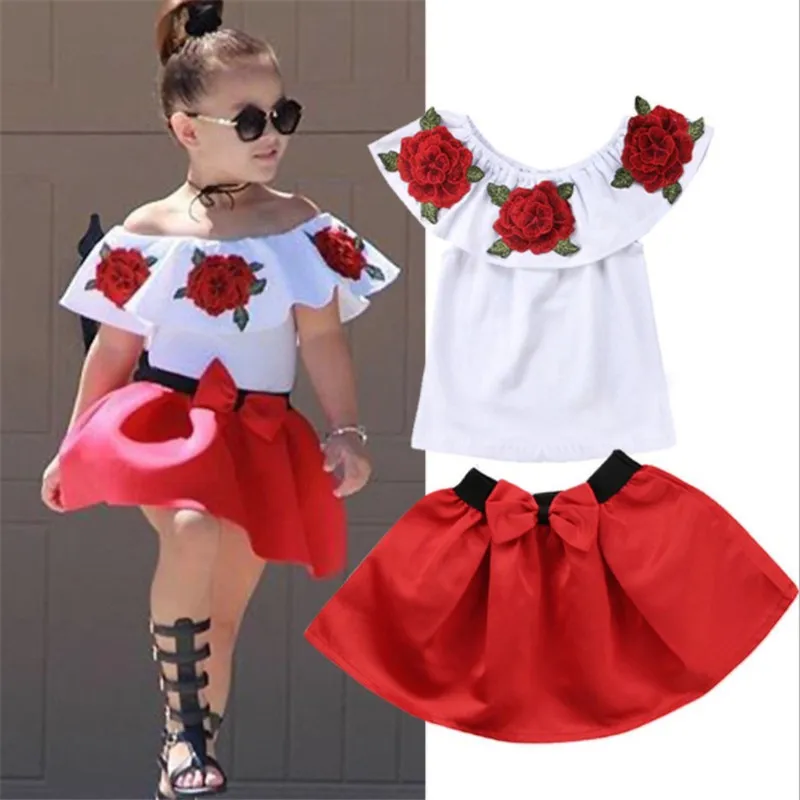 

Summer Casual Kids Baby Girl Set Clothing Rose Off Shoulder Tops + Bow Tie Tutu Skirt 2PCS Children Striped Jacket