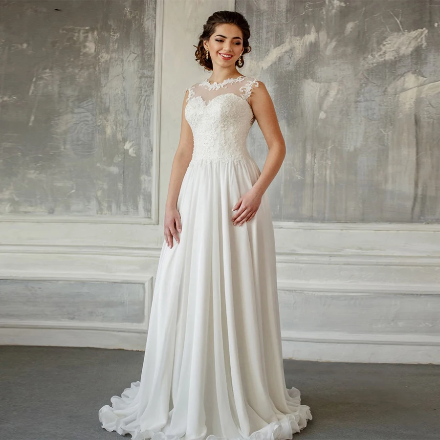 

O-neck Sleeveless Chiffon Beading Applique Beach Wedding Dress Cap Sleeve 2019 Boho Sofuge Vestido De Noiva Dubai A