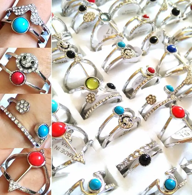 12pcs/lot Antique Silver Colorful Round Stone CZ Women Rings Girls