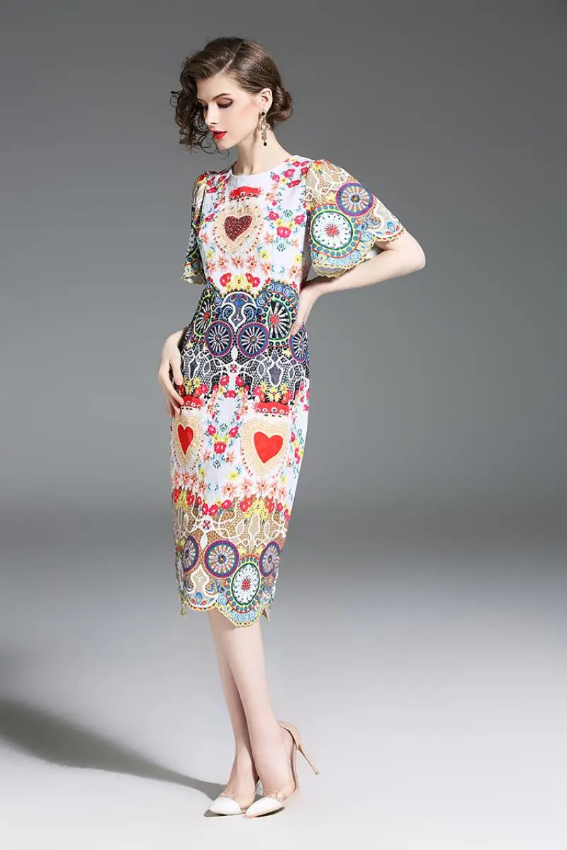2018 Summer Runway Designer Women Luxury Crystal Diamonds Floral Print Retro Long Dress Vintage Bodycon Pencil Party Dresses