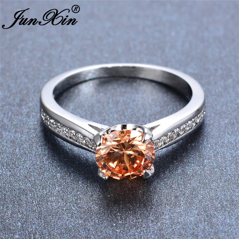 JUNXIN Fashion Round Cut Stone Olive Green Birthstone Rings For Women Men 925 Sterling Silver Filled Champagne Zircon Ring Gifts