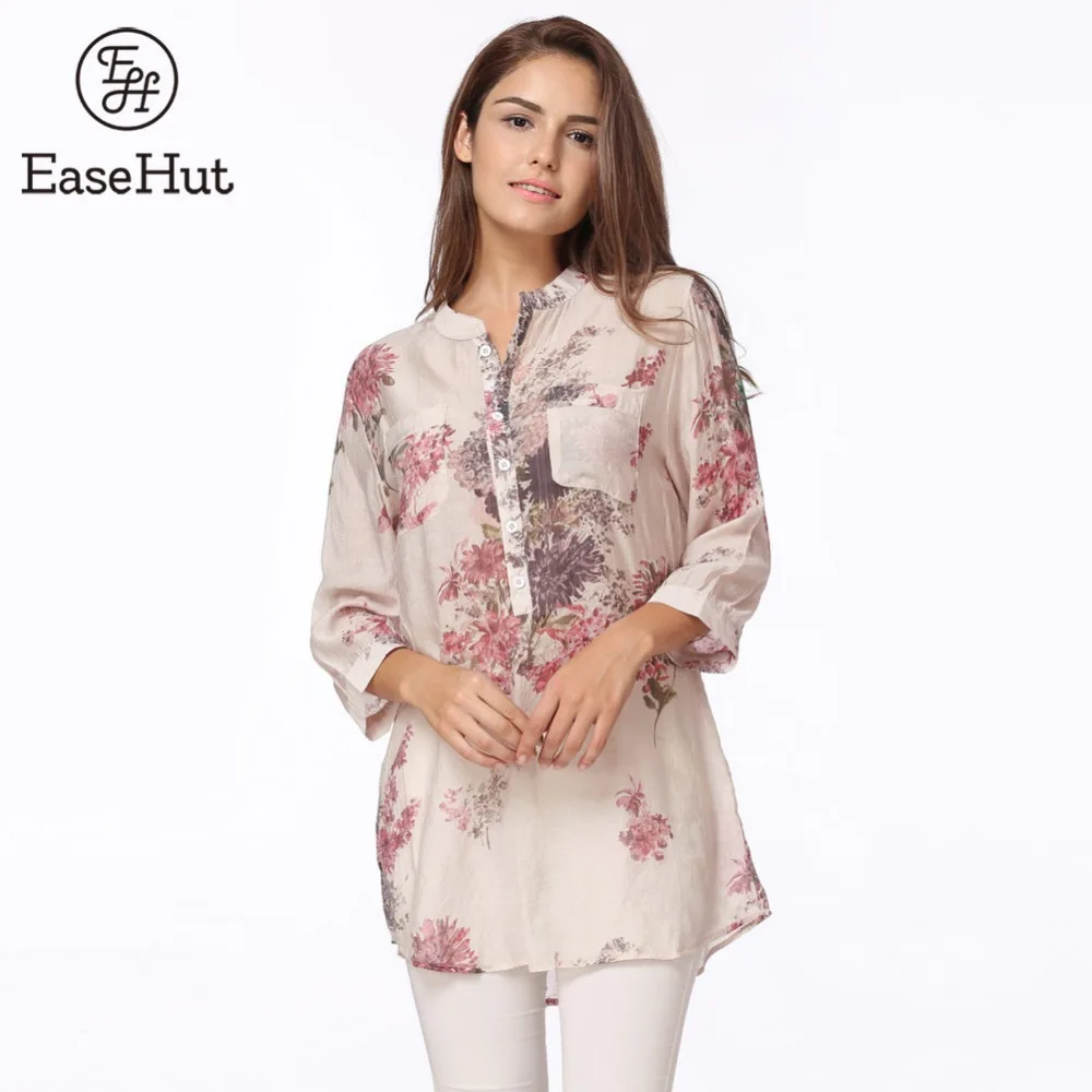EaseHut Primavera Verano mujeres Vintage Floral impreso blusa elegante 3/4 manga Casual Camisetas largas camisa delgada de talla grande Blusas