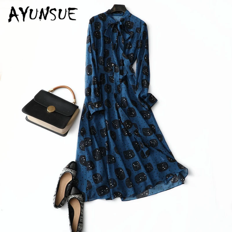 

AYUNSUE Spring Dress Real Silk Dress Women Clothes 2019 Korean Casual Print Blue Ladies Dresses Vintage Long Vestidos DZH-9695