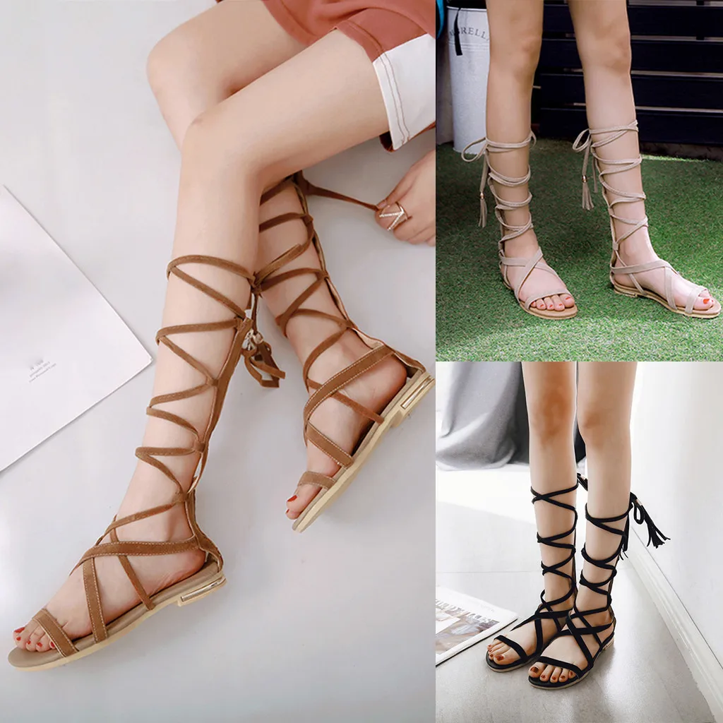 

gladiator sandals women knee high Retro Womens Long Design Slippers Anti-Slip Cross-Tied Flats Roman Style open toe Sandals#G30