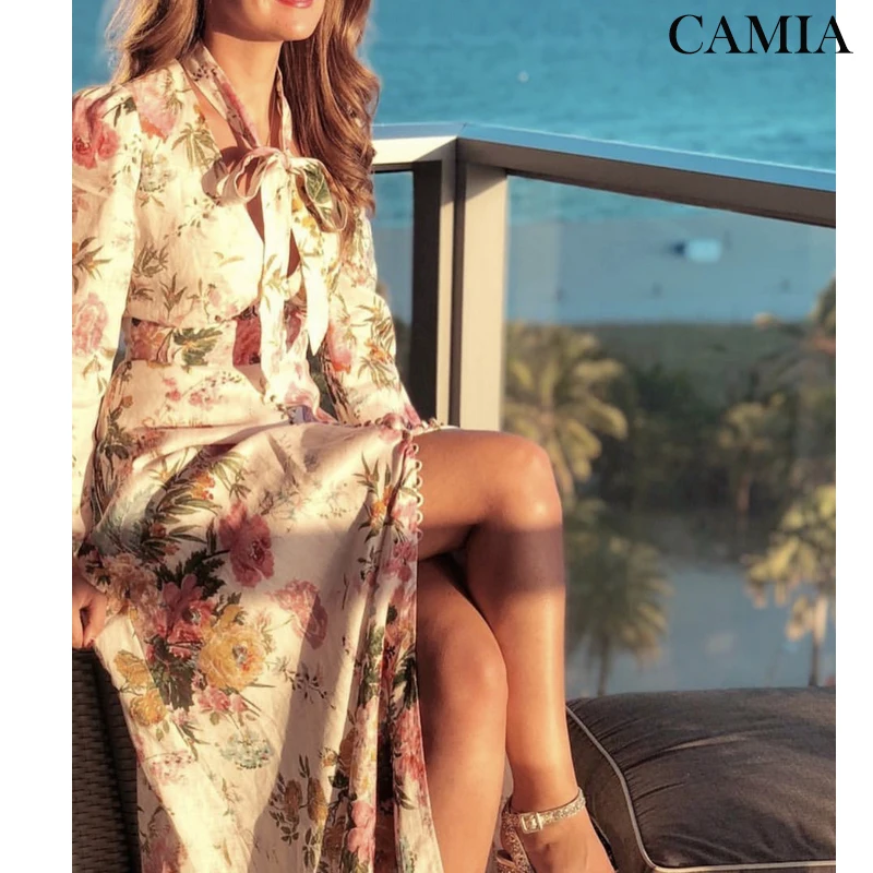 CAMIA High Quality Printed Dress Female V-neck Single Button Lantern Sleeve High Waist Strap Long Dress