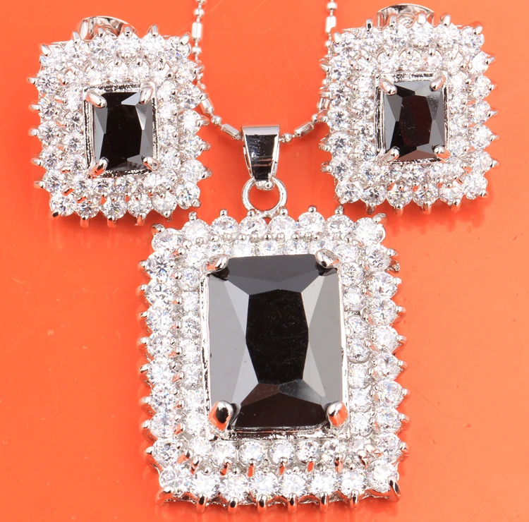 

Superb Black Hot White 925 Sterling Silver Necklace Jewelry Sets Earring Pendant S8336