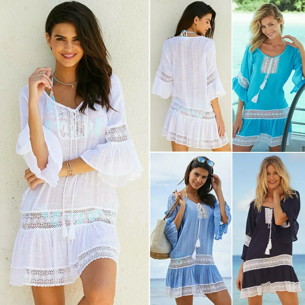 

2019 New Women Beachwear Swimwear Bikini Cover Up Kaftan Summer Crochet Dress Tops New Hollow Out See Through Hot Summer Holiday