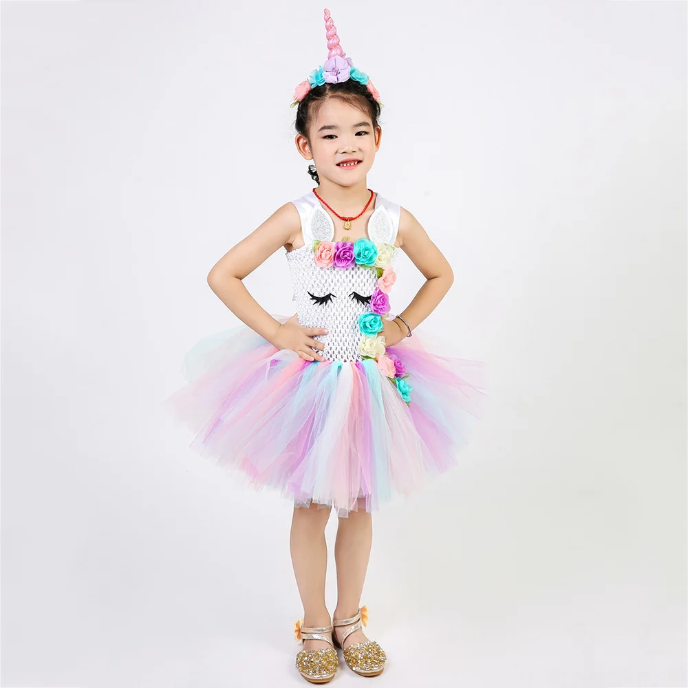 Pastel Clothes Knee Length Flower Children Girls Unicorn Tutu Dress Rainbow Princess Sleeveless Little Kids Pony Dress Vestido 8 (8)