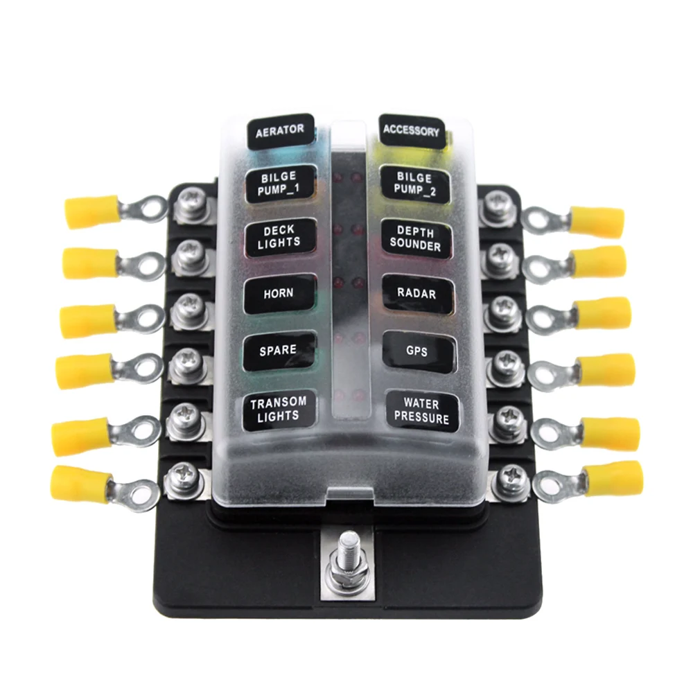 

12 Way Blade Fuse Box Holder Fuse Blocks with Red LED Indicator 10Pcs Fuses 10Pcs Terminals for Caravan Truck 12V 24VCar Boat