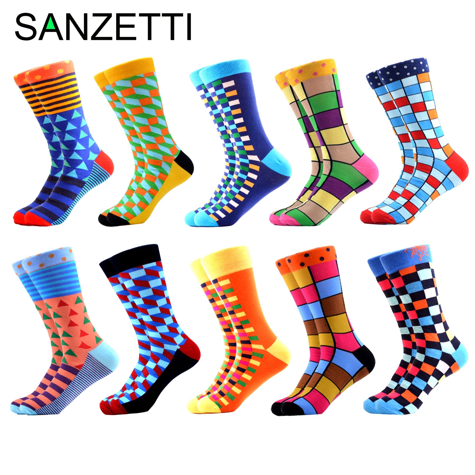 

SANZETTI 10 Pairs/Lot Colorful Men's Combed Cotton Socks Hip Hop Street Happy Crew Socks Wedding Party Male Dress Socks For Gift