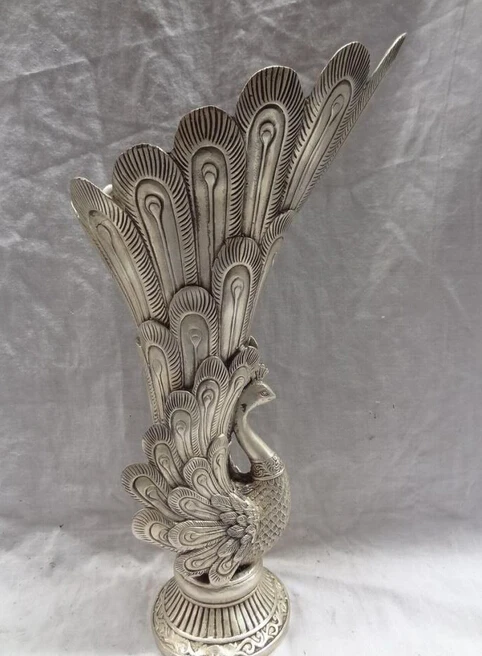 

JP S0606 14" Chinese Silver Phoenix Zun Statue Bronze Peacock Tail Peafowl Head Pot Vase