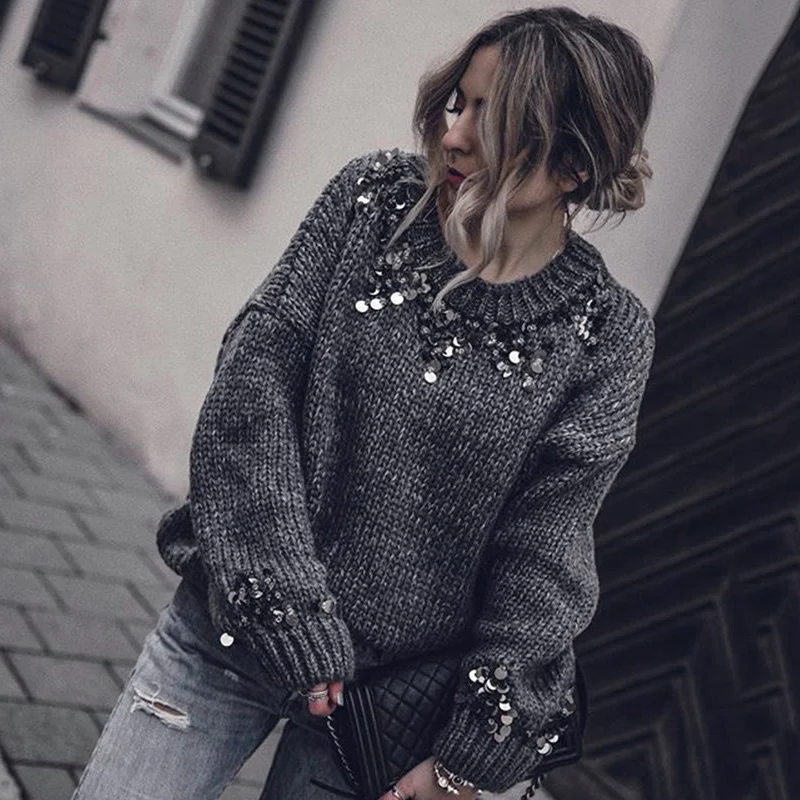 

2019 Winter Sweater Women Fashion Solid Sequin Dropped Shoulder Long Sleeve Pullover Streetwear Casual Jumper Knitted Sweaters
