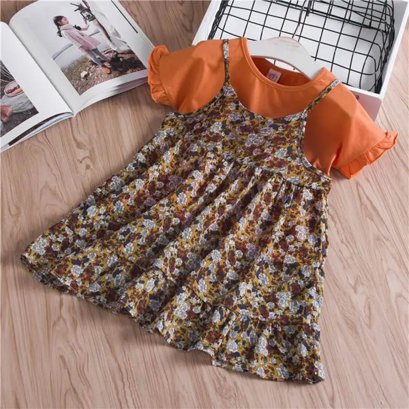 Princess dress Kids Baby Girls clothes set Summer short-sleeved T-shirt + floral halter dress Two piece children's suit (11)