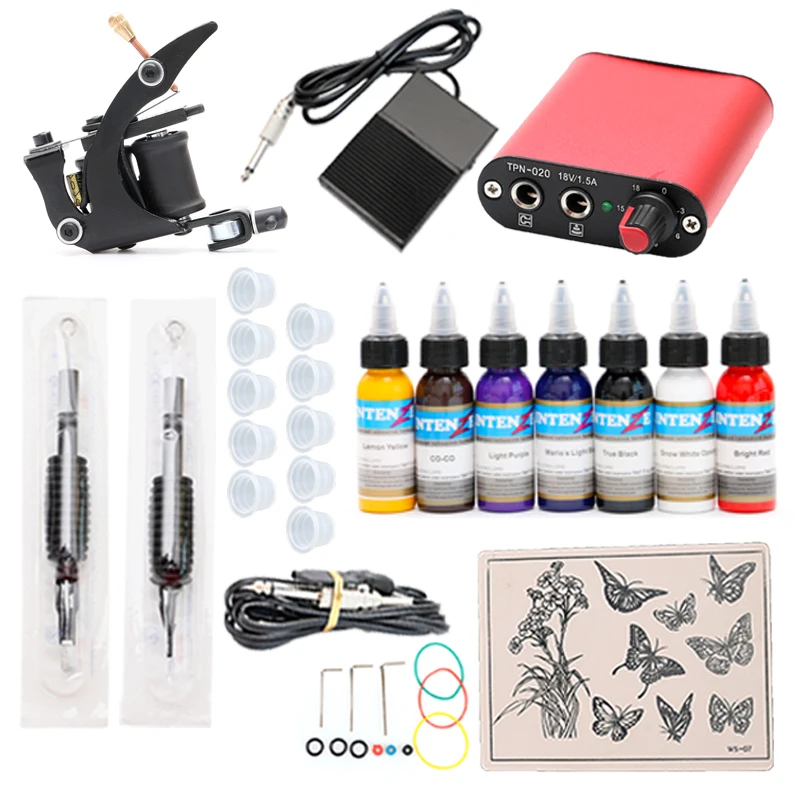 

Professional Tattoo Machine Gun With Practice Skin Grip Mini Power Supply 8 Ink Color Tattoo Kit TM207