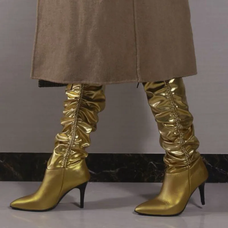 Г.; золотые сапоги до колена; женские эластичные сапоги на высоком каблуке с острым носком и складками; женская обувь для подиума - Цвет: Золотой